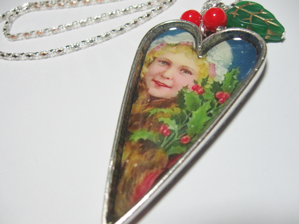 Holly Jolly Christmas Victorian Style Altered Art Charm Necklace Ooak